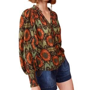 Ulla Johnson Orange and Green Shimmer V Neck Long Sleeve Loose Fit Top Size 8